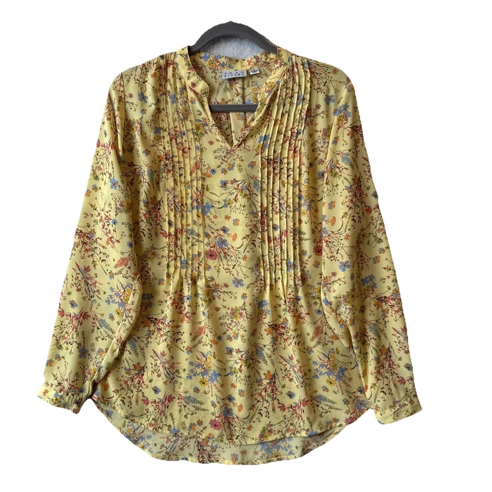Joan Rivers Classics Floral Pintuck V Neck Blouse S Yellow Relaxed Cottagecore‎